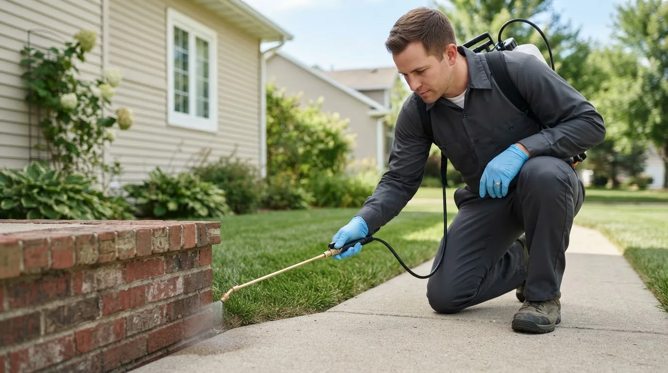Pest control technician treating a home near Crabtree, OR