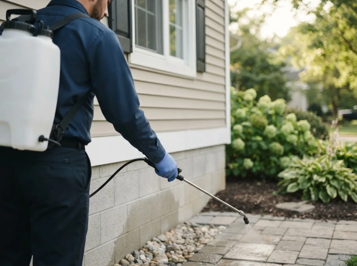 Pest control technician inspecting a home in Crabtree, OR
